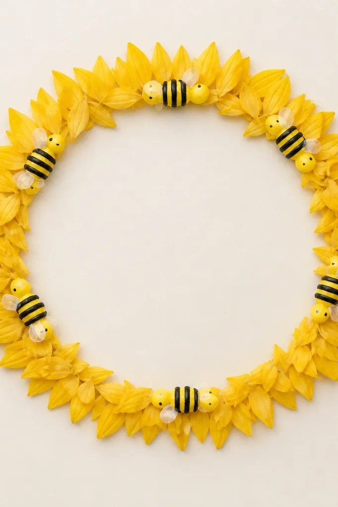 A circular wreath made of small sunflower petals around the outside, with several tiny bees evenly spaced along the ring, each with three stripe bands and dot eyes.