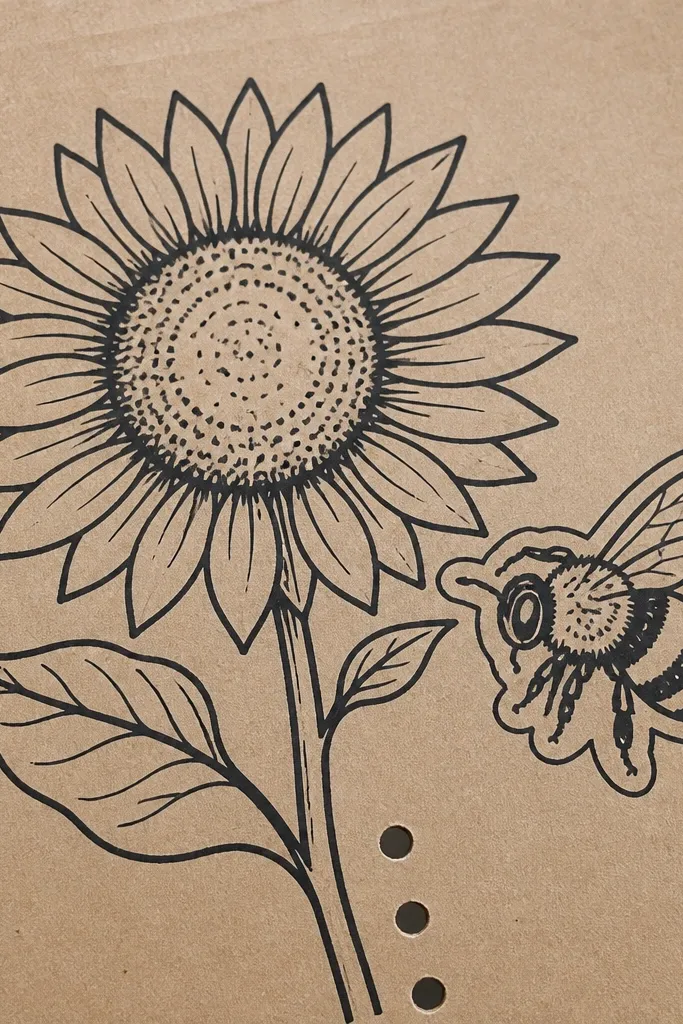 Black marker line art of a sunflower and bee on light brown cardboard, with a second thicker outline around the bee for a cutout look and a few punched holes near the stem.