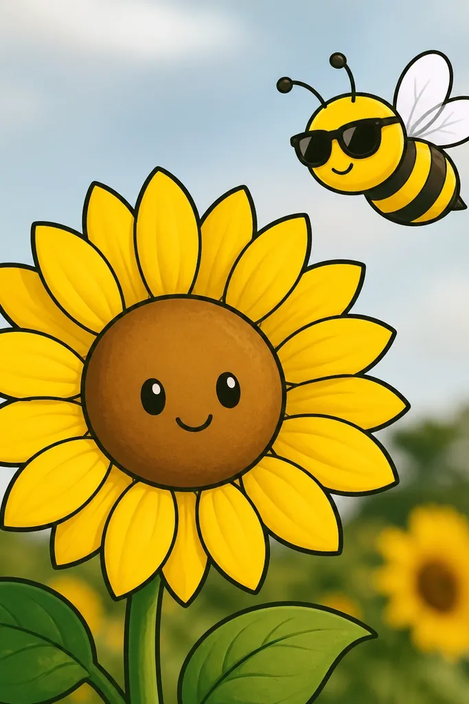 A cartoon sunflower with two small eyes and a smile, and a bee hovering above wearing simple black sunglasses, with thick outlines and bright yellow petals.
