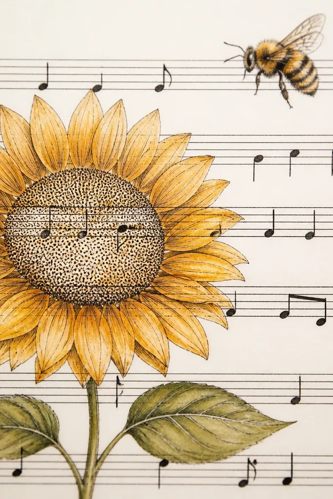 A sunflower drawn over sheet music staff lines, with the bee near the top notes, and the center filled with tiny dots that cover some staff lines while leaving others visible.