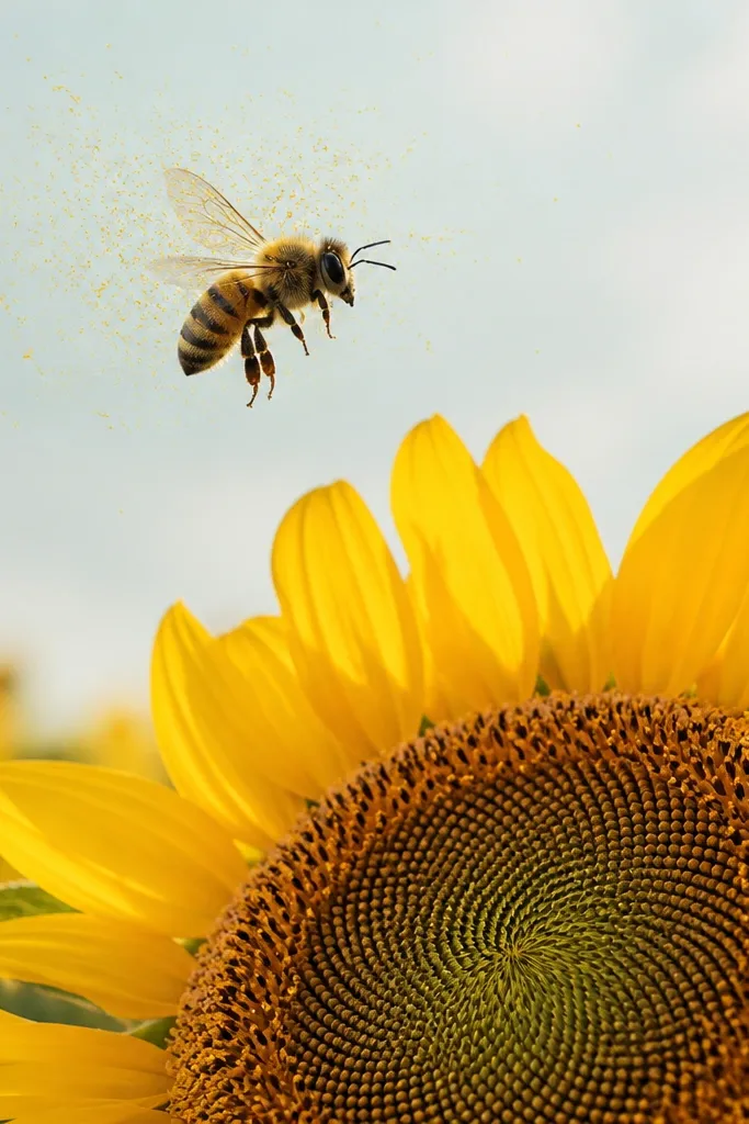 A bee hovering above a sunflower, with a cloud of tiny yellow dots around the bee wings and a seed center filled with dot shading.