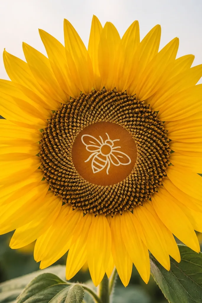 A sunflower where the center is filled with repeating seed shapes, and the bee is drawn using negative space as a white outline on a colored background circle.