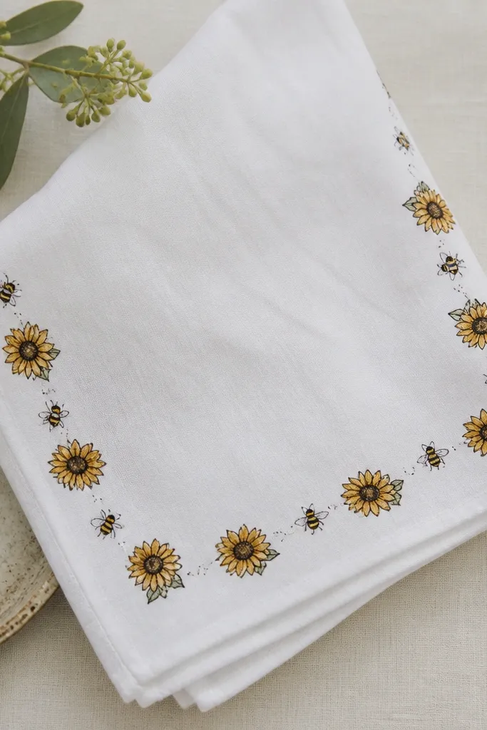 A drawn border along the edge of a white fabric napkin: small sunflowers and tiny bees repeating, with black outlines and muted yellow-orange color accents.