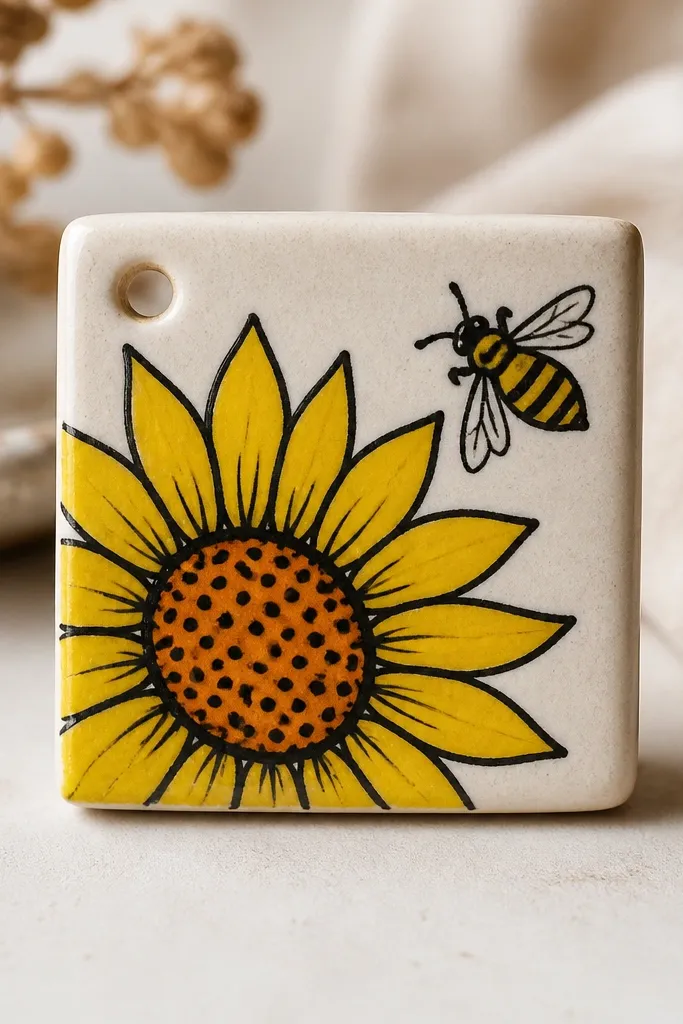 A small square ceramic tile painted with a sunflower and a bee in black outline, with yellow petals and an orange seed center, plus a drilled hole at the top corner.