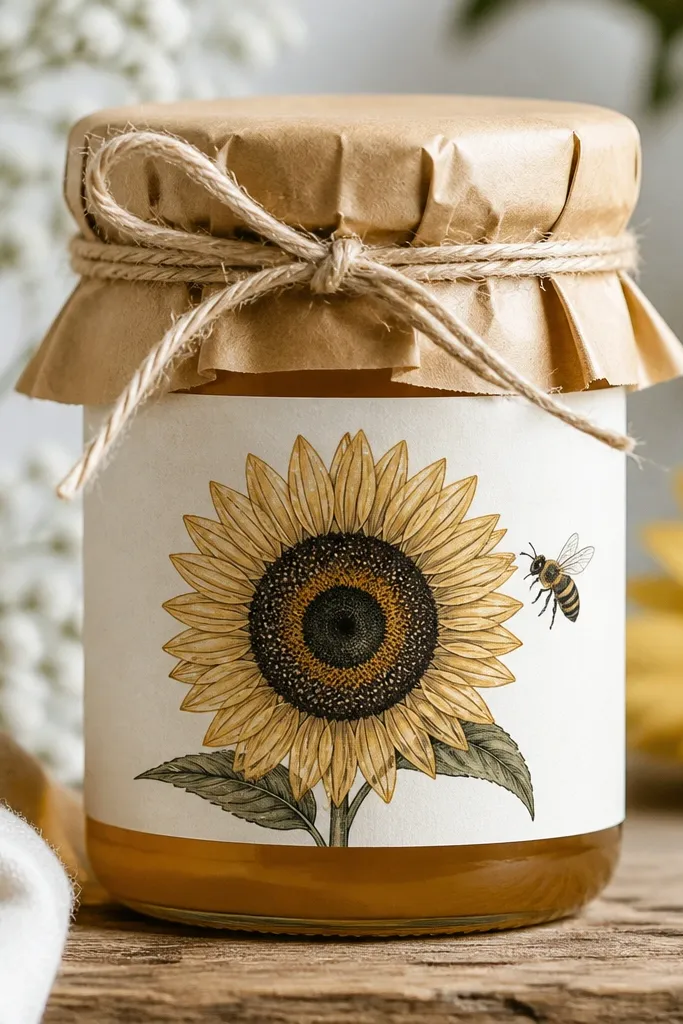 A printed and drawn label showing a sunflower with a thick ring center and a bee beside it, placed on a glass jar with a brown kraft paper wrap and twine.