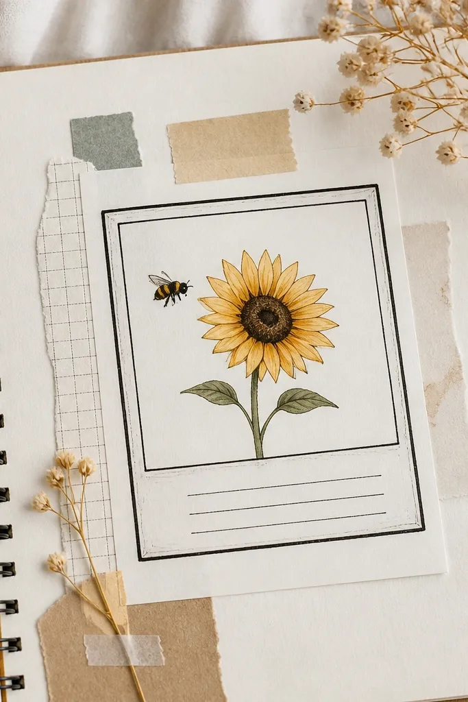 A scrapbook layout with a faux Polaroid frame drawn in black, showing a small sunflower and bee illustration inside, with a few hand-written date lines under the frame.