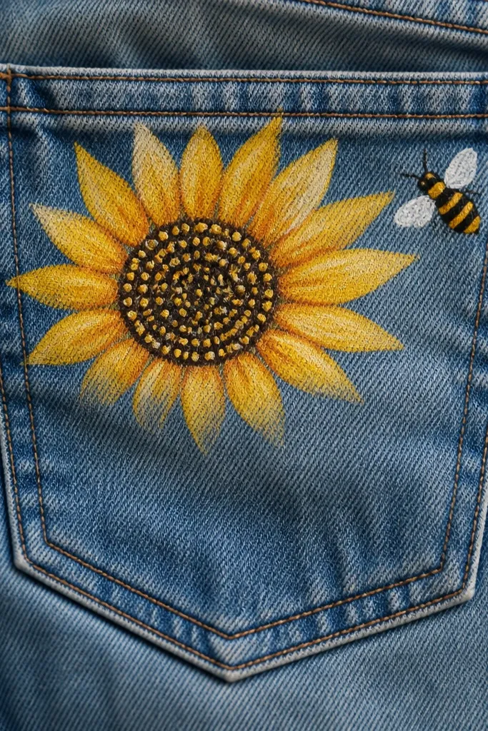 A denim pocket with a hand-painted sunflower near the top seam, the center filled with fabric paint dots, and a small bee near the pocket edge with striped body and tiny wing marks.