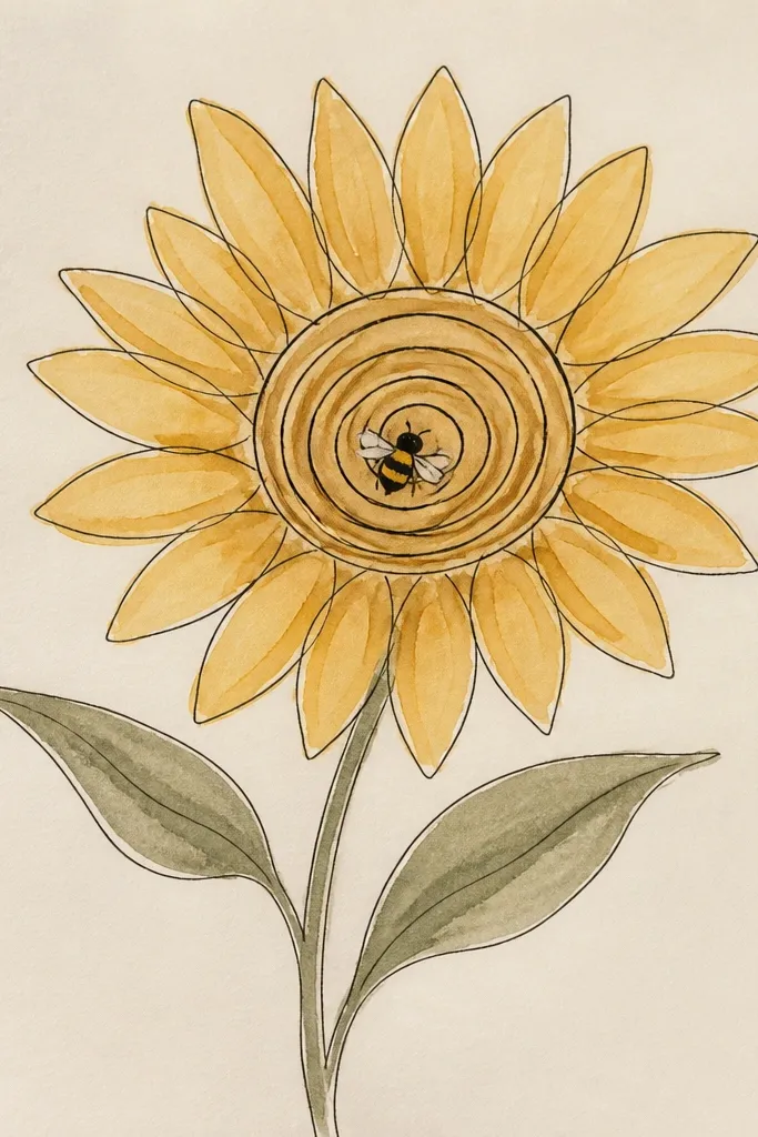 A sunflower drawn with one continuous spiral-like center, and a small bee sitting inside the spiral lines, with minimal wings and clean stripe bands.