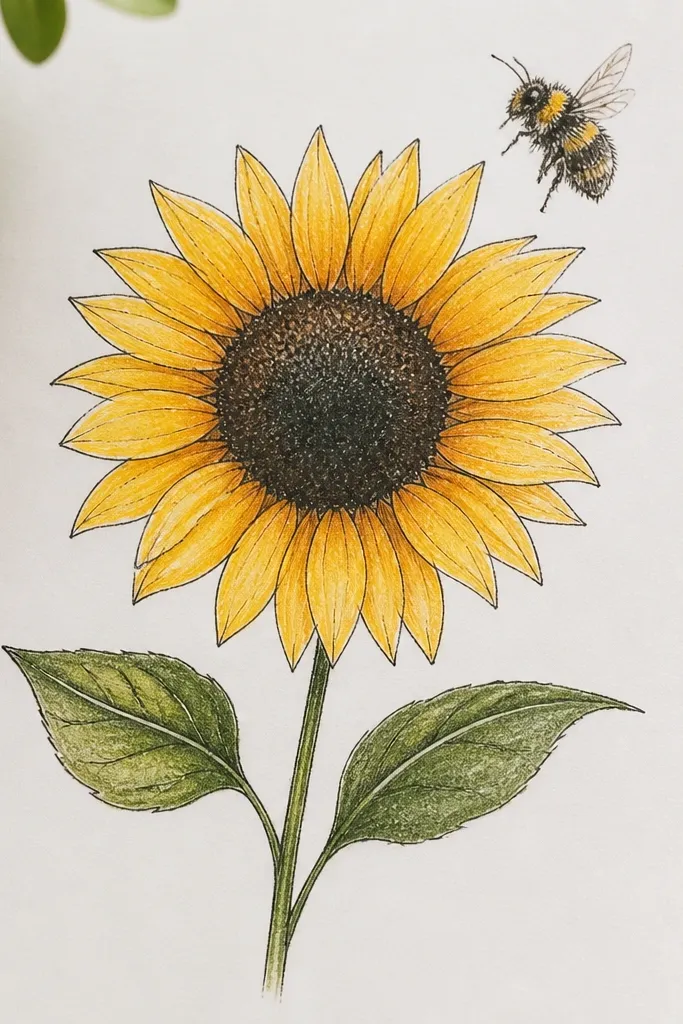 Quick easy bee and sunflower drawing