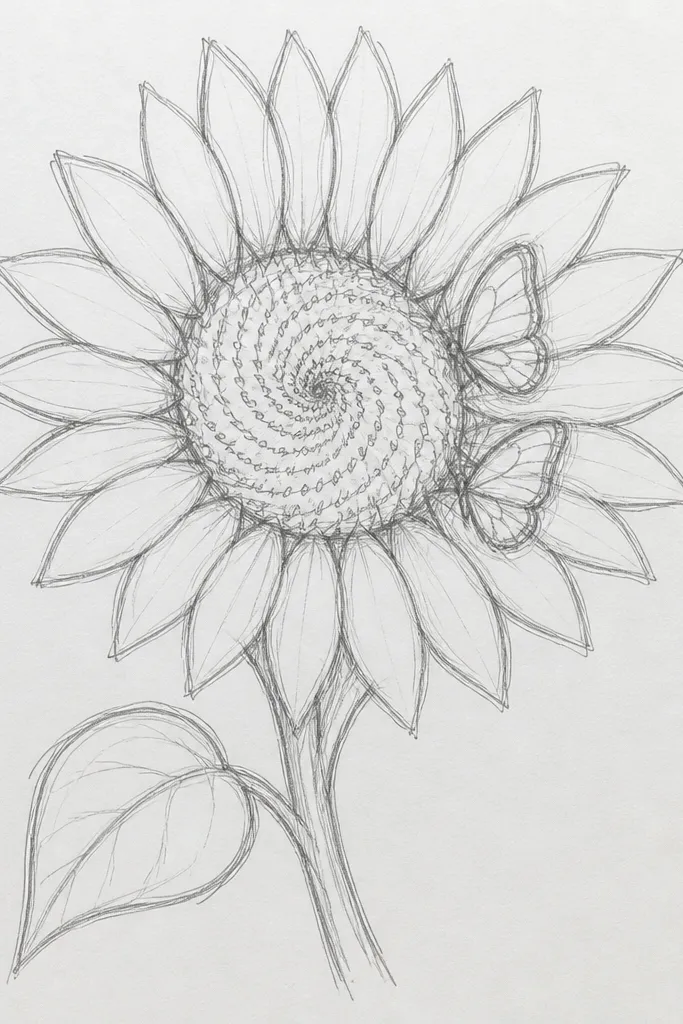 Sunflower with spiral seed head and a butterfly partly hidden by petals