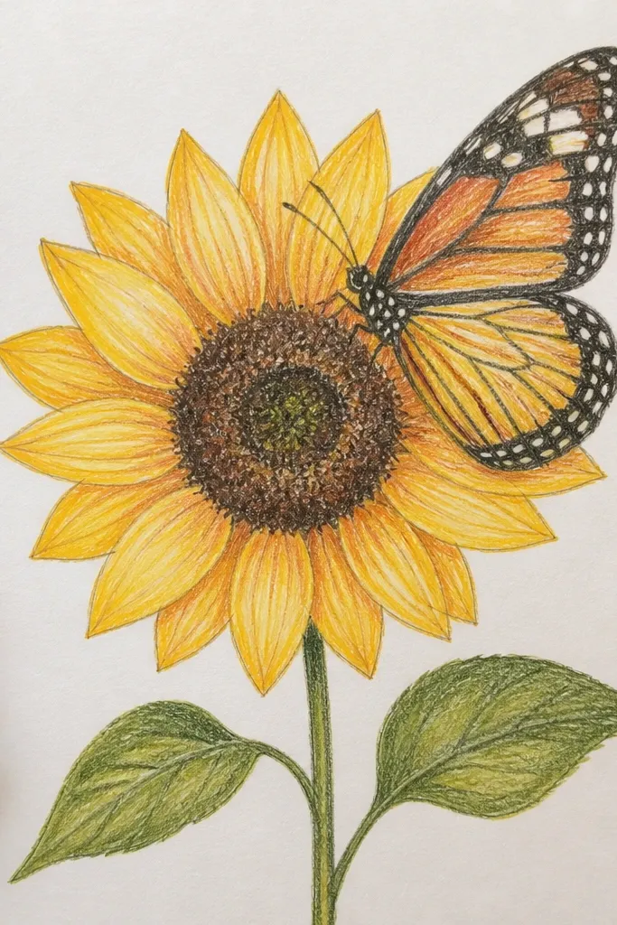 Butterfly with visible wing veins over sunflower petals