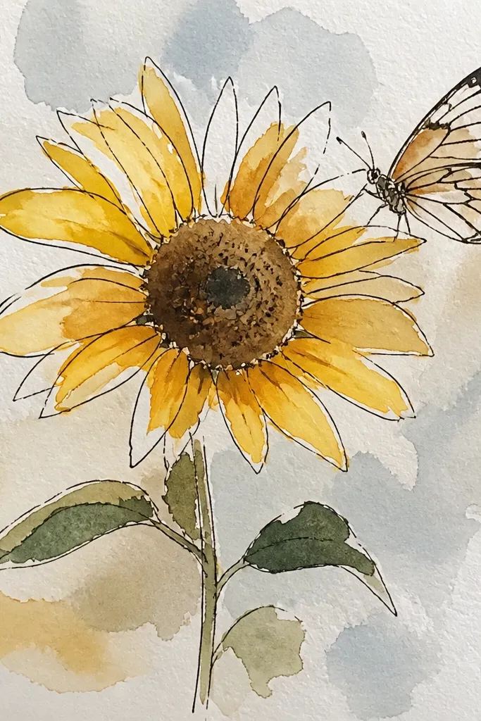 Soft watercolor sunflower with a bold ink butterfly outline