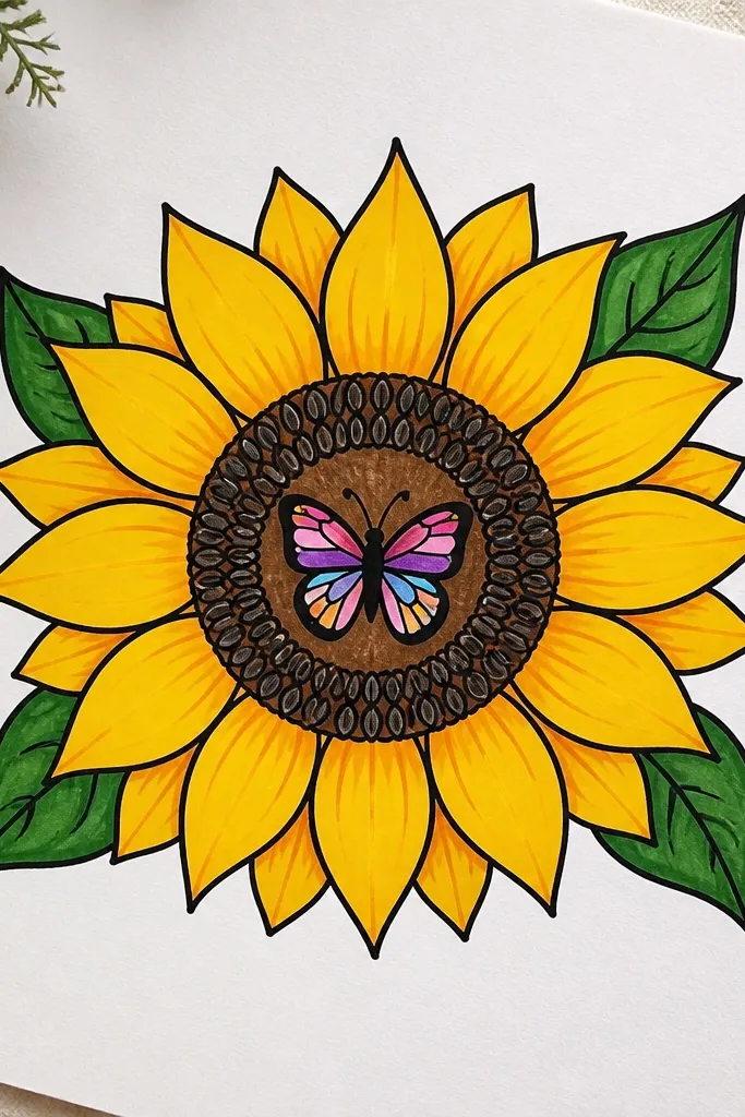 Sunflower with detailed mandala seed pattern and tiny butterfly in the middle