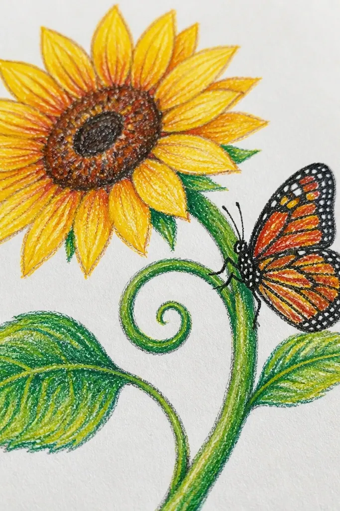 Curling sunflower stem with butterfly crossing over leaf veins