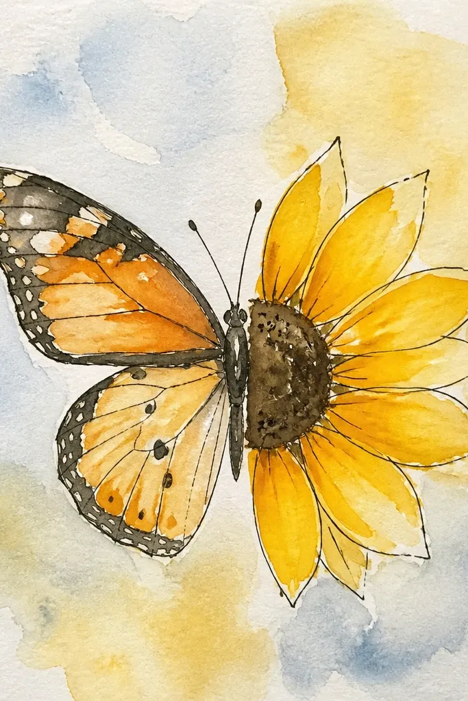 Symmetrical butterfly with half sunflower petals visible behind it