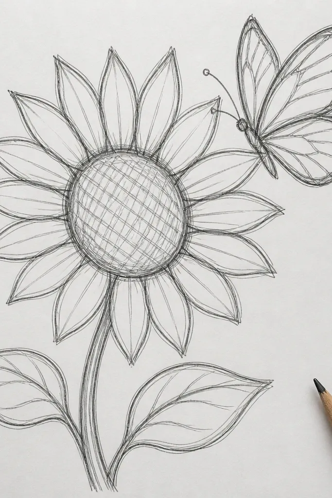 Pencil-only sunflower with crosshatch dark butterfly wings