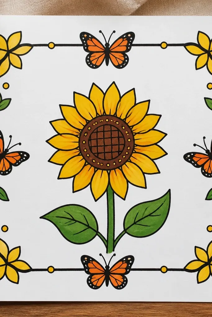 Sunflower petals with repeating patterns and a butterfly acting like a border