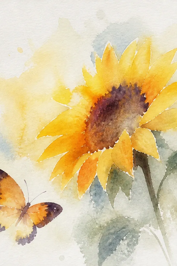 Three-quarter sunflower with butterfly drawn larger in front