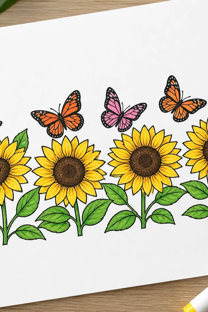 Sunflower border leaves with three butterflies in a row