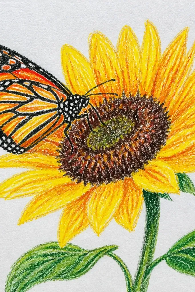 Butterfly touching the sunflower seed head with a nectar-like line
