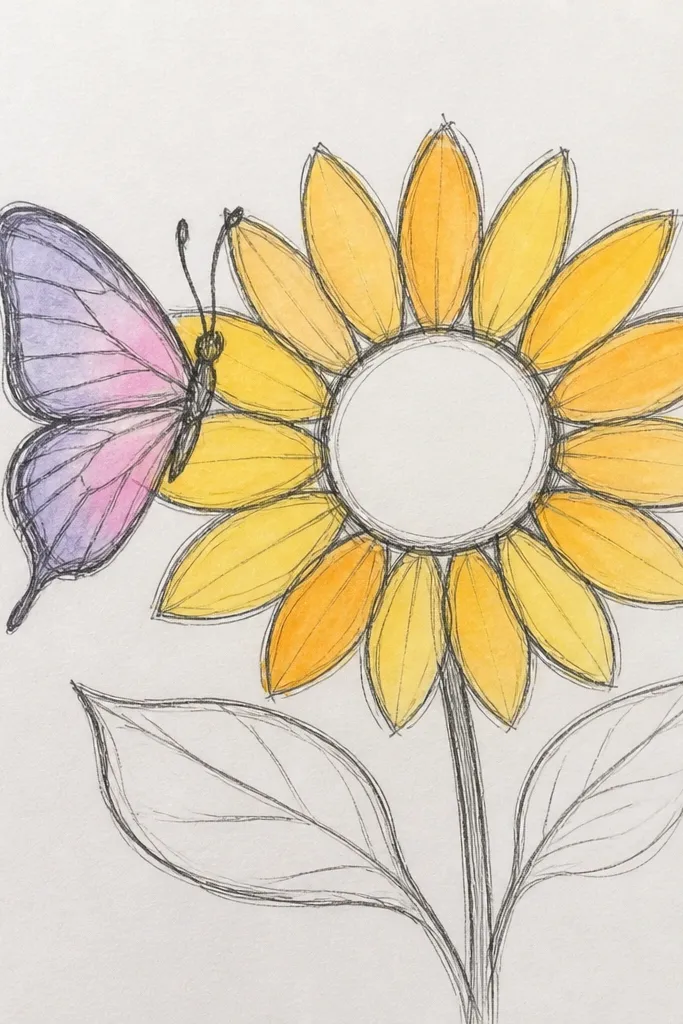 Ink-outlined sunflower with color-block petals and soft butterfly wing wash