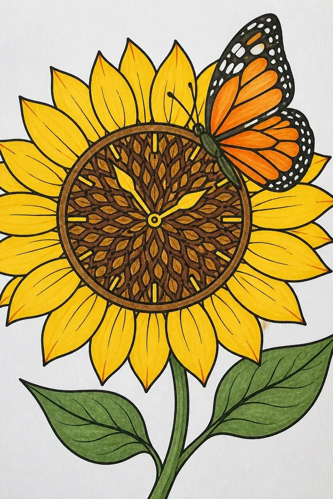 Sunflower seed head as a circle with clock-like marks and butterfly wing arcs