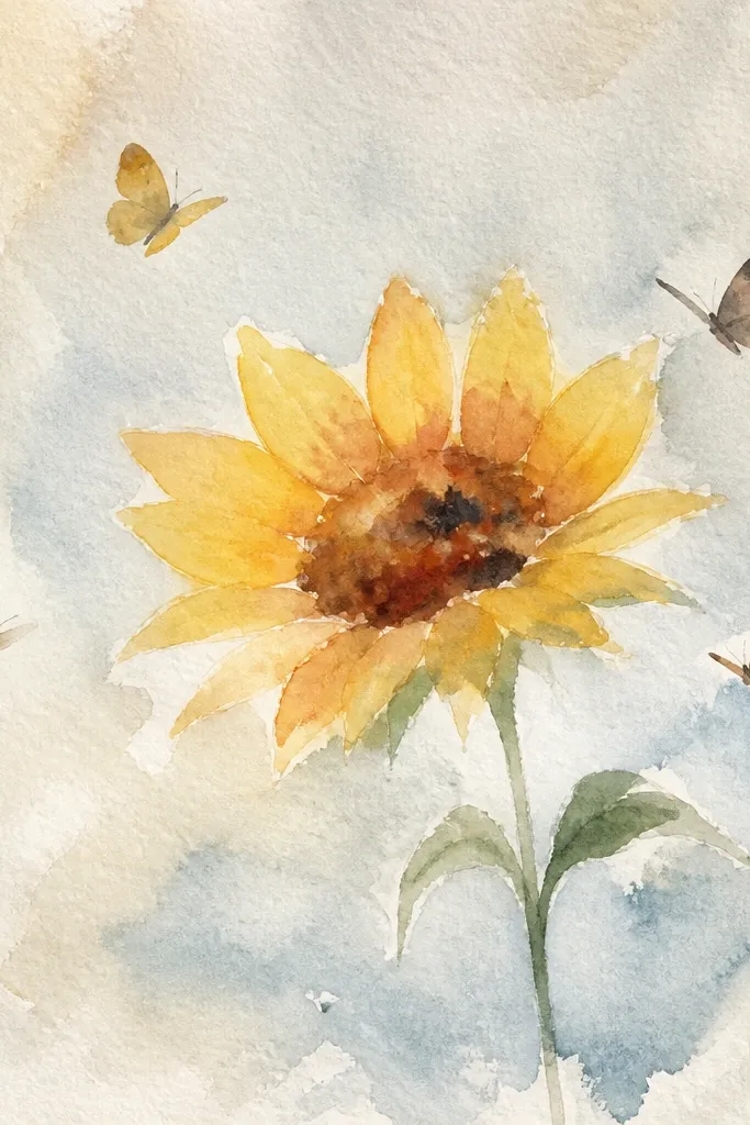 One sunflower with several small butterflies circling around