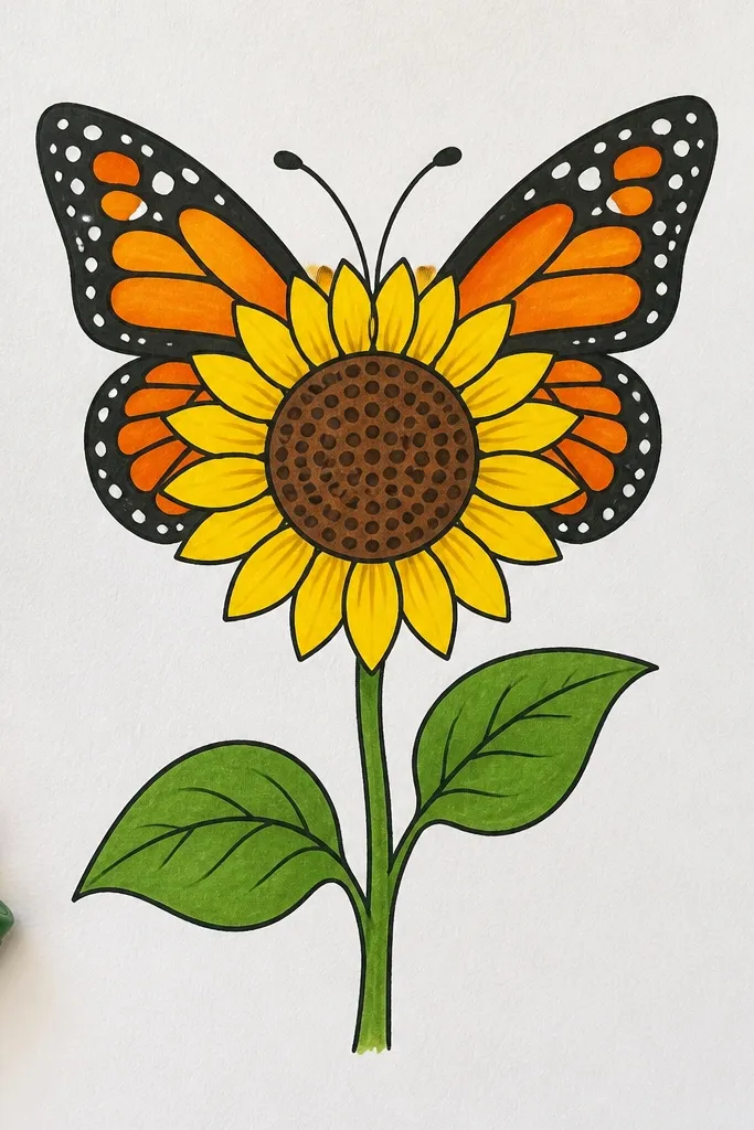 Butterfly wings framing the sunflower seed head with stem and leaves