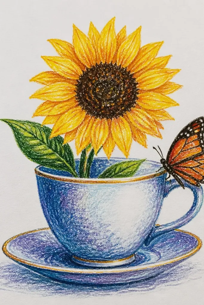 Sunflower drawn in a tea cup with a butterfly perched on the rim