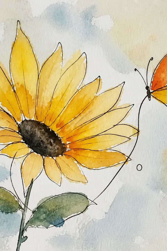 Petal fan sunflower with a butterfly drawn using one feather-like wing line