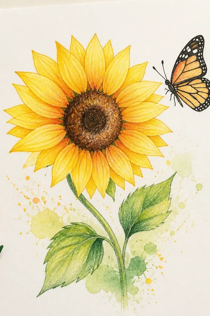 Watercolor-splattered leaves around a sunflower with an ink butterfly outline