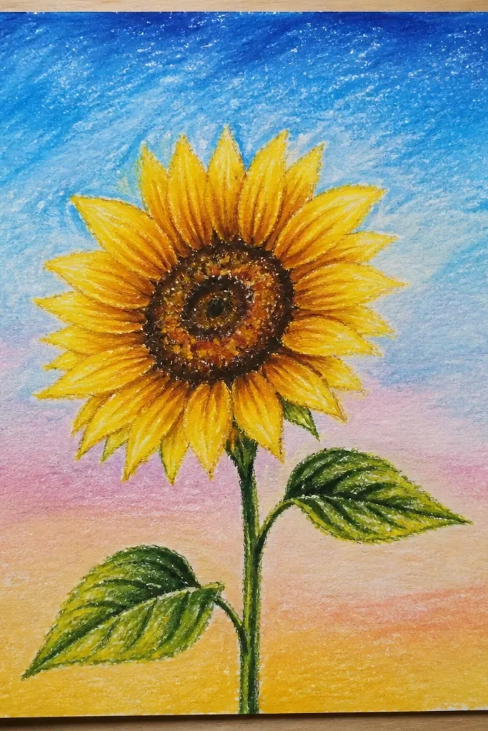 Sunflower petals over a soft blue sky gradient wash