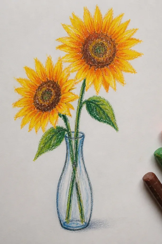 Two sunflowers in a thin vase with soft green watercolor stems