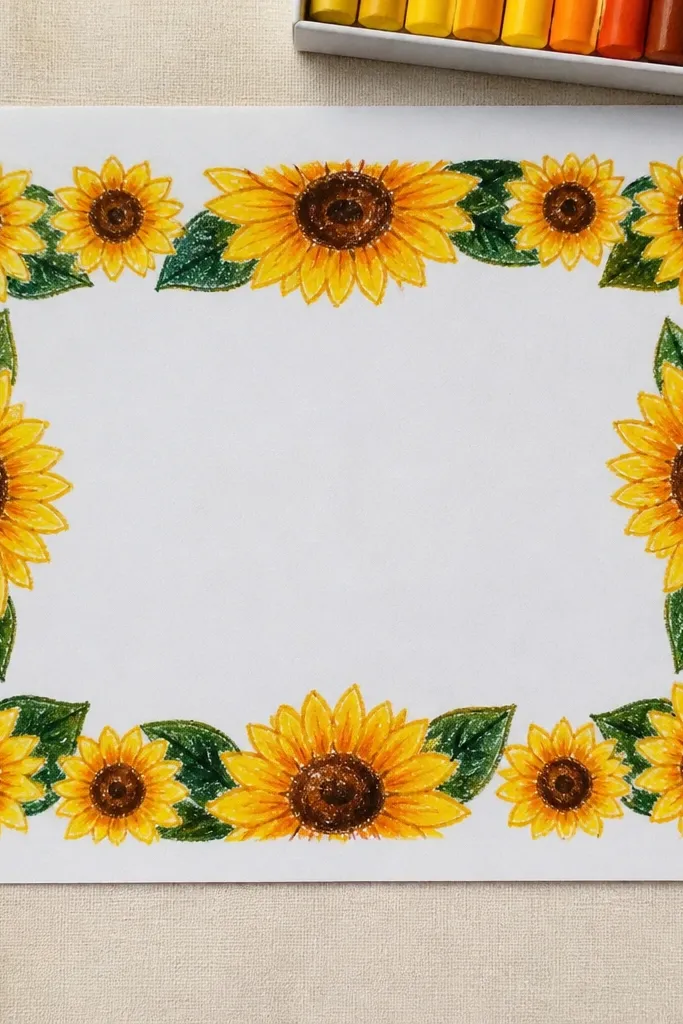 Sunflower petal border around the edges with pale watercolor background