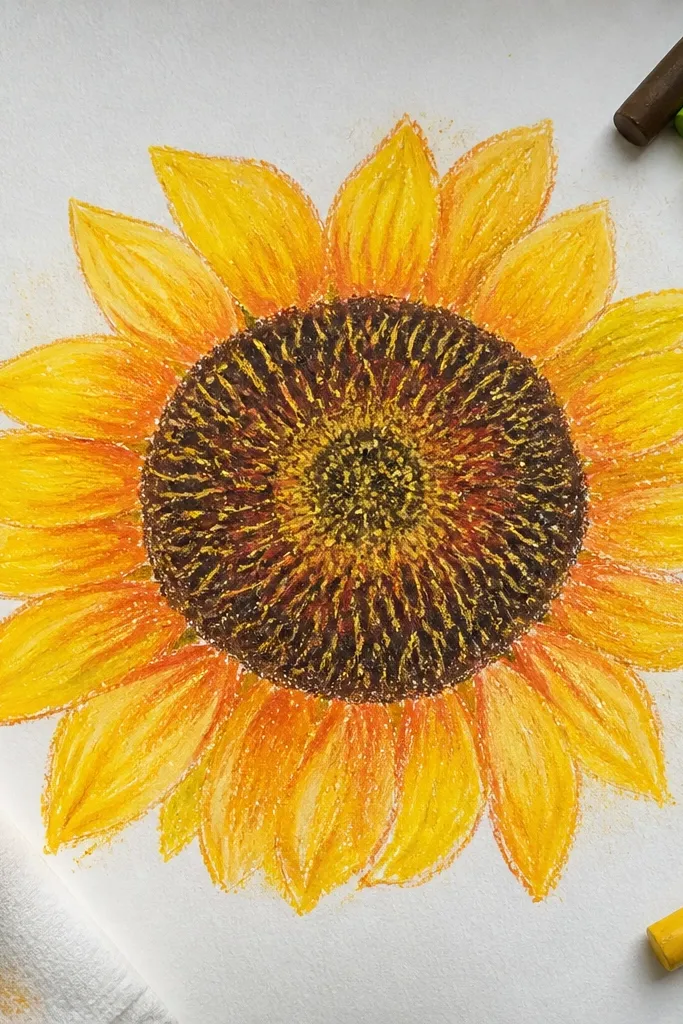 Close sunflower center with golden marks and watercolor shadow wash
