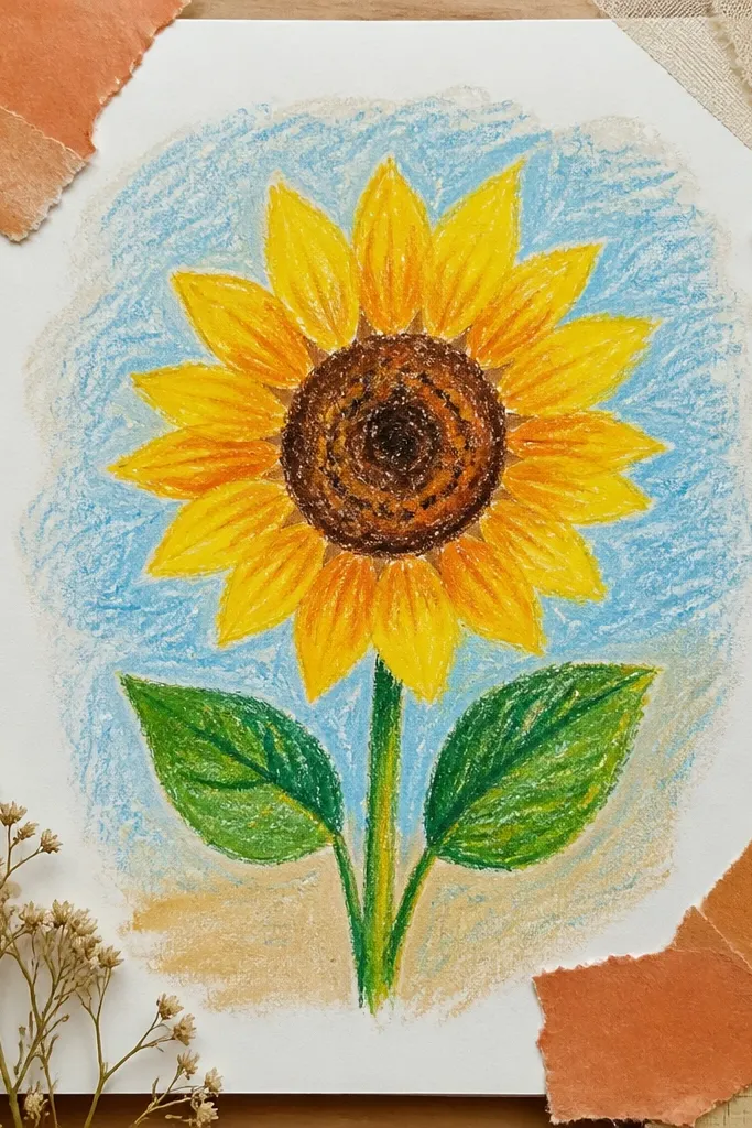 Sunflower watercolor inside a cut-paper collage border