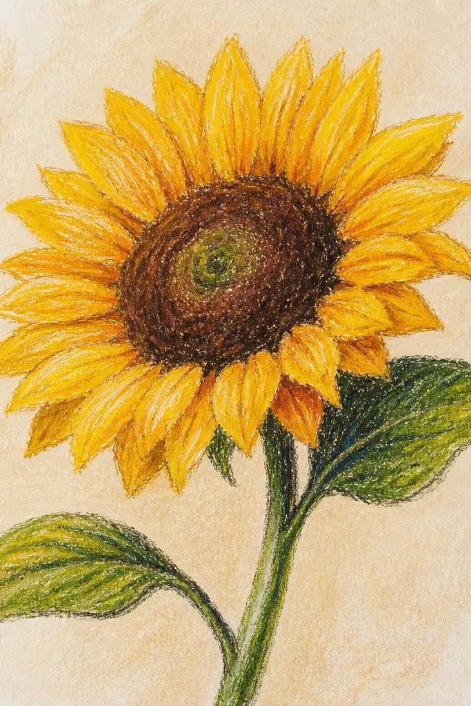 Sunflower on cream paper with soft sepia watercolor background
