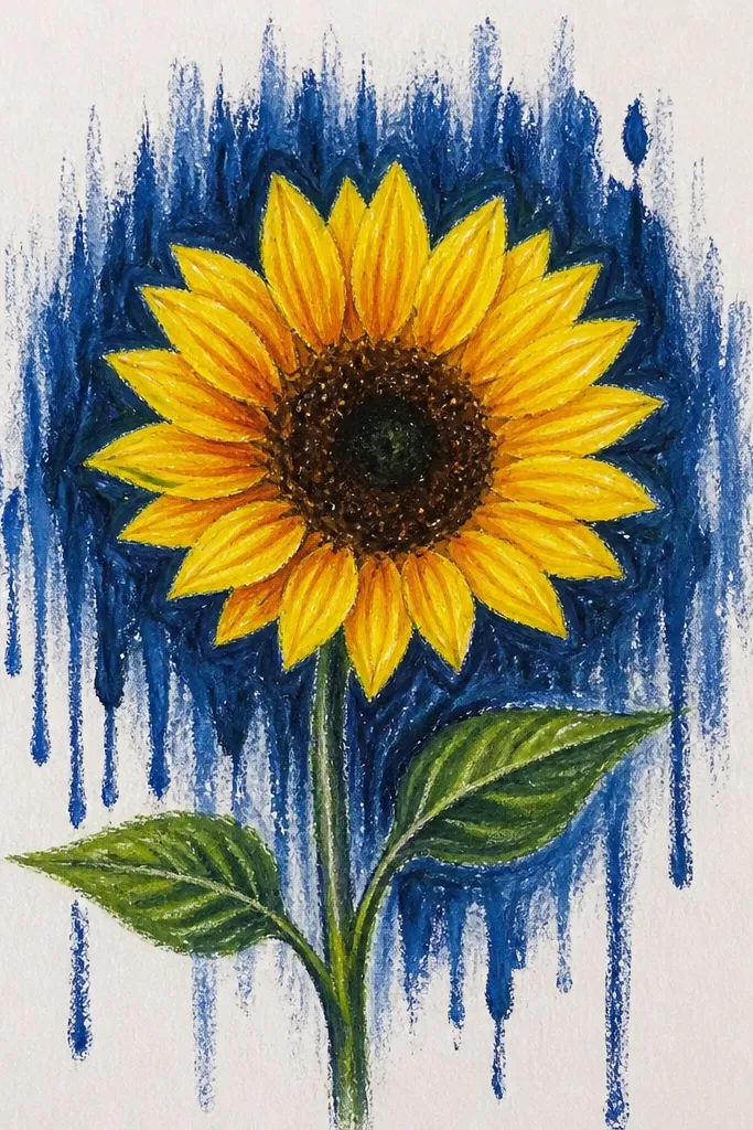 Sunflower with indigo watercolor drips behind the petals