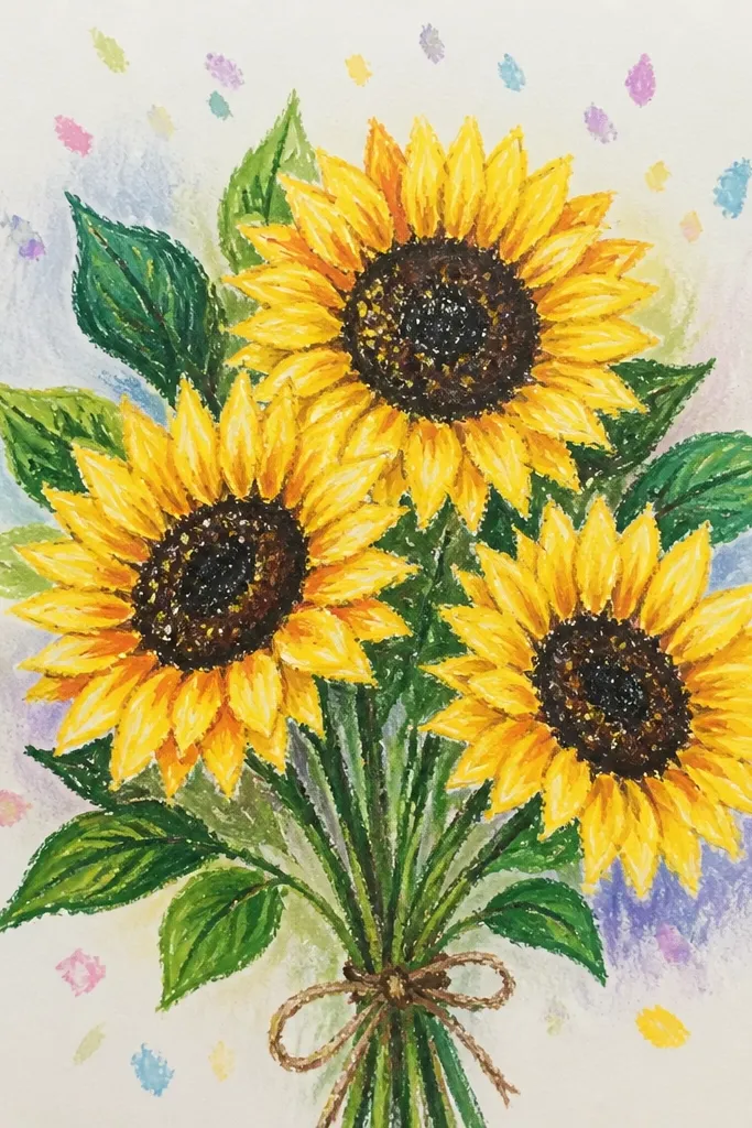 Small sunflower bouquet with scattered watercolor paint dots