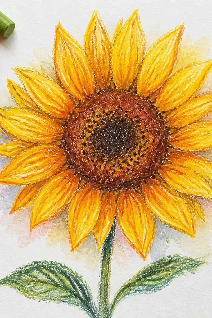 Sunflower with watercolor shadows beneath petal layers
