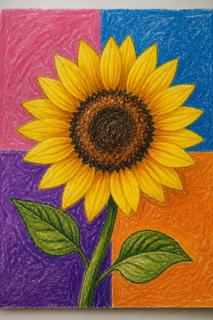 Sunflower over two or three solid watercolor color blocks