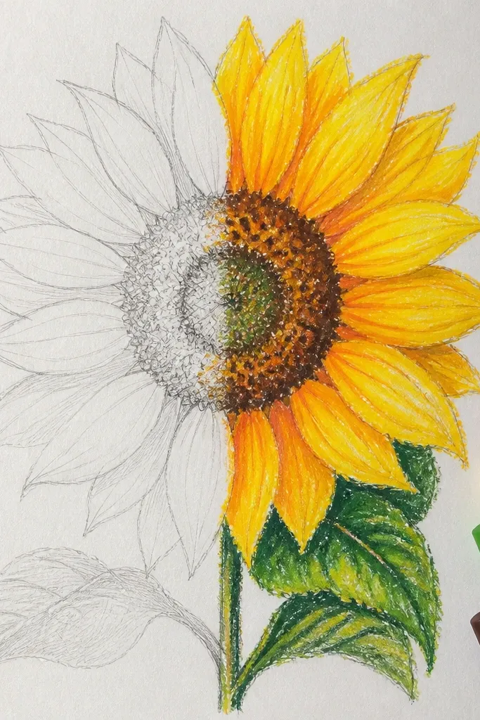 Sunflower with light pencil guide lines and crisp pastel petals