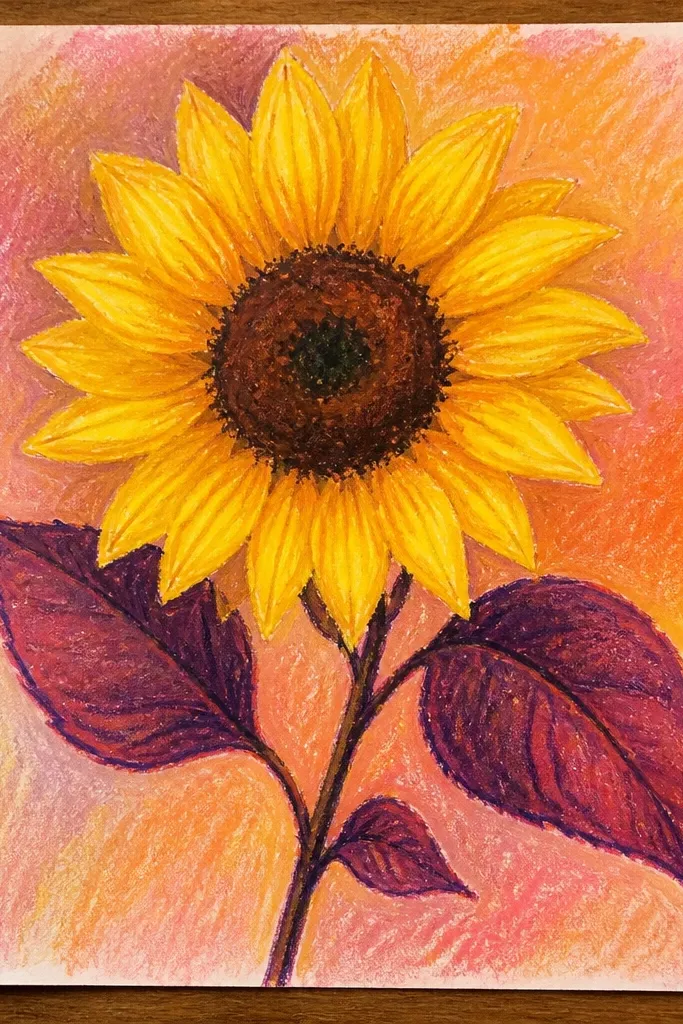 Sunflower with burgundy leaves and warm watercolor background