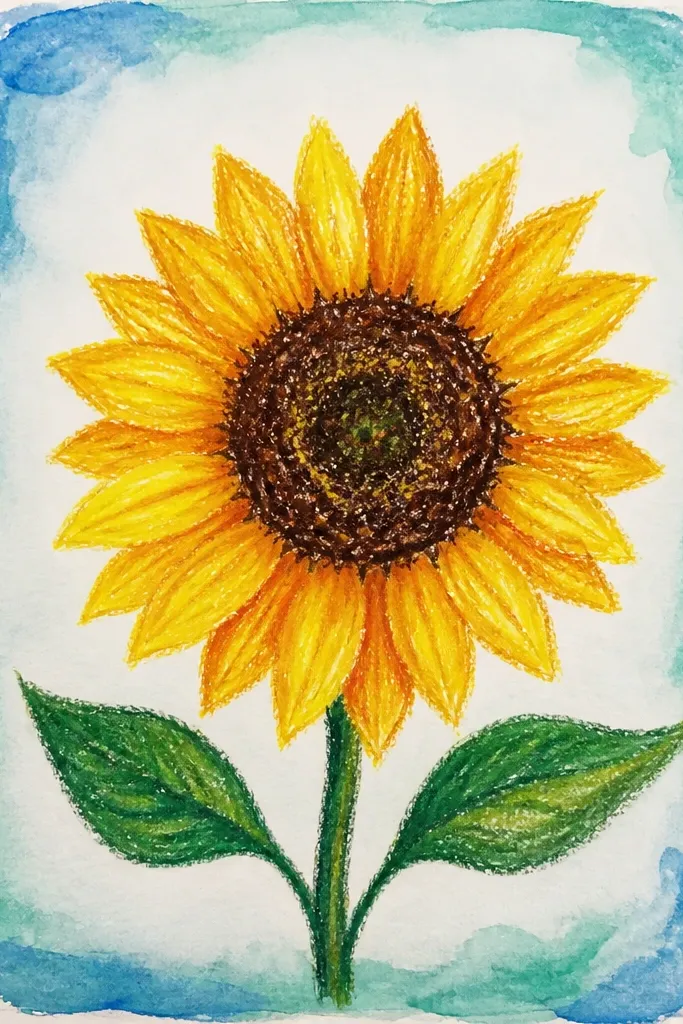 Sunflower surrounded by a blue-green watercolor frame border
