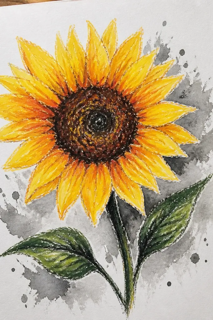 Sunflower with mostly monochrome watercolor background and crisp pastel petals
