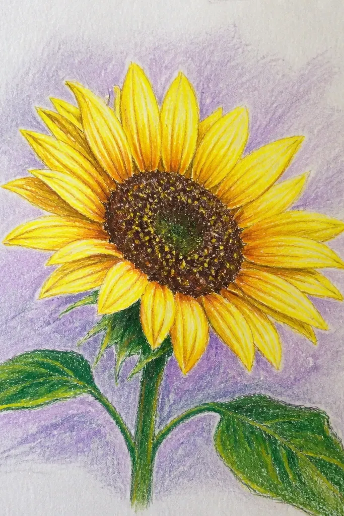 Sunflower with lemon highlights and faint violet background wash