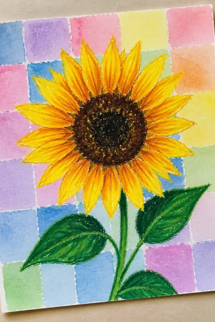 Sunflower over a soft watercolor checkerboard pattern