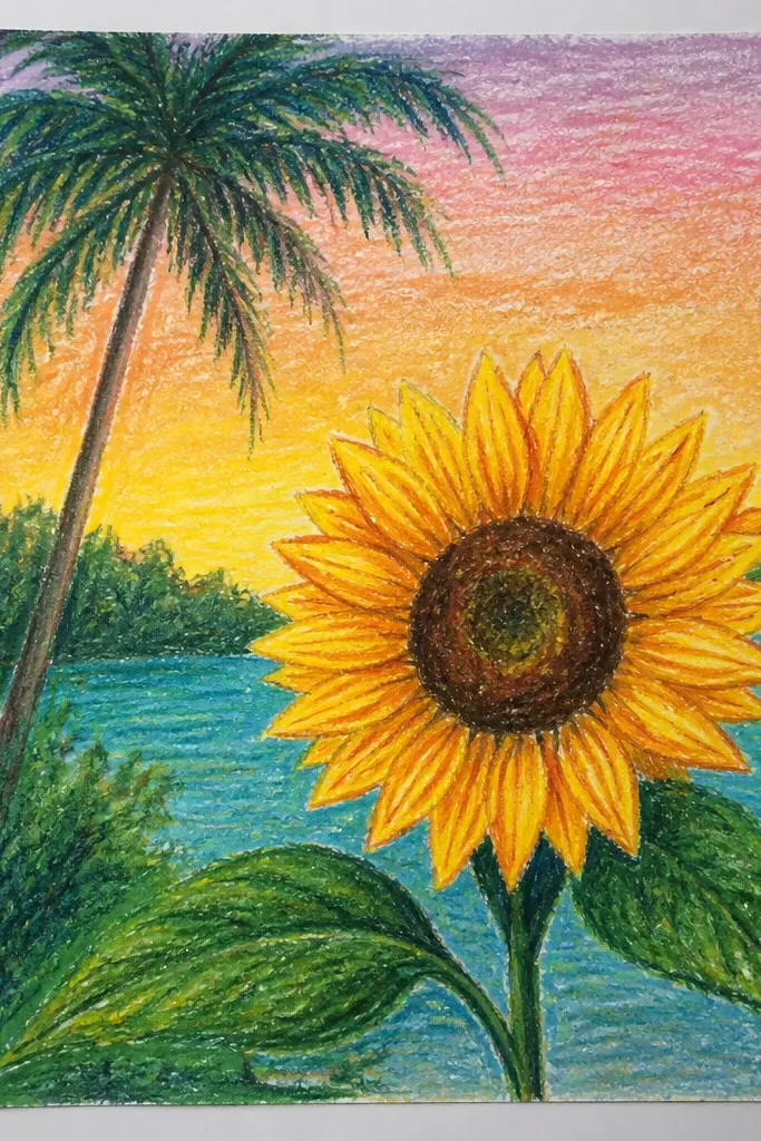 Sunflower with simple palm-leaf watercolor shapes in the background