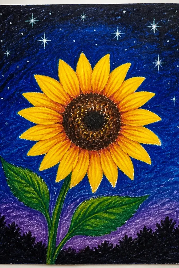 Sunflower with deep blue night sky and tiny star dots