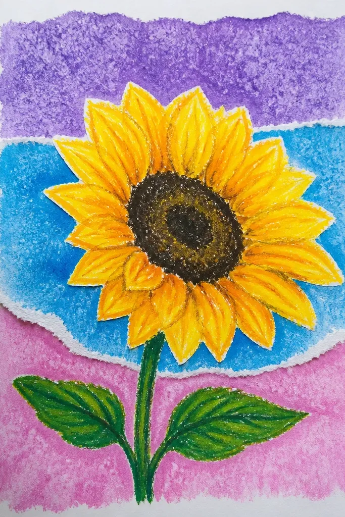 Sunflower with textured watercolor background created with salt grains